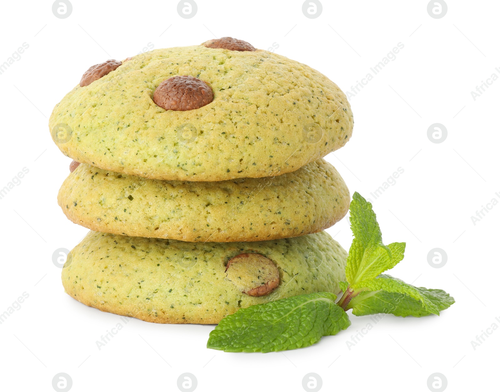 Photo of Stack of delicious mint chocolate chip cookies isolated on white