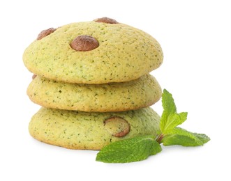 Photo of Stack of delicious mint chocolate chip cookies isolated on white