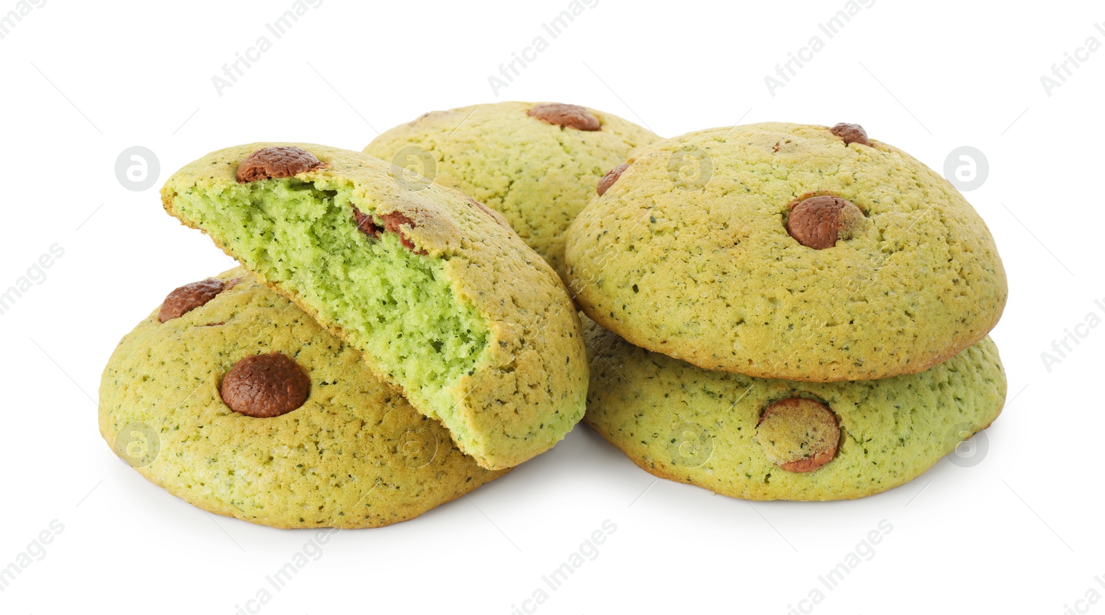 Photo of Delicious mint chocolate chip cookies isolated on white