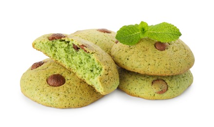 Photo of Delicious mint chocolate chip cookies isolated on white