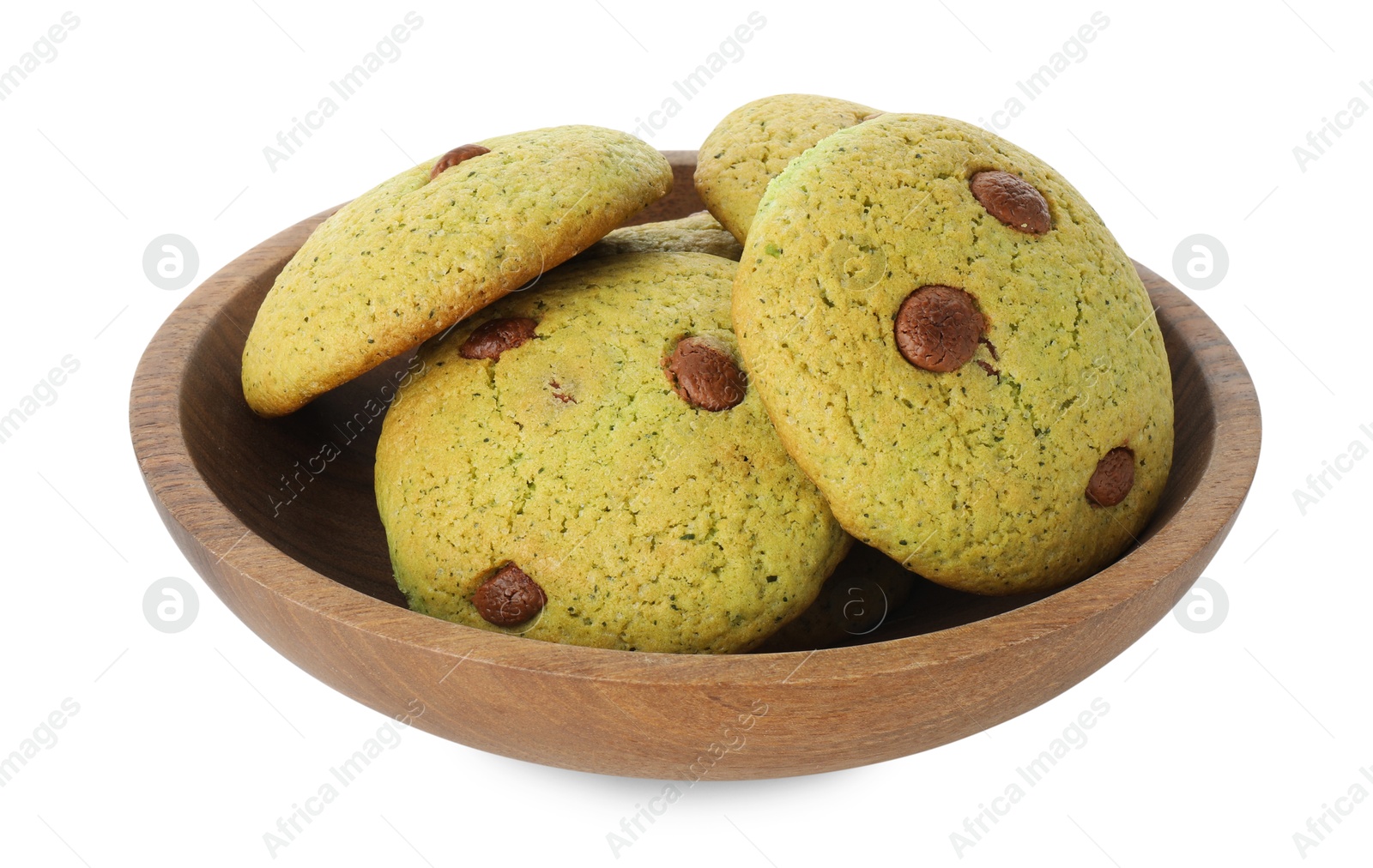 Photo of Delicious mint chocolate chip cookies in bowl isolated on white