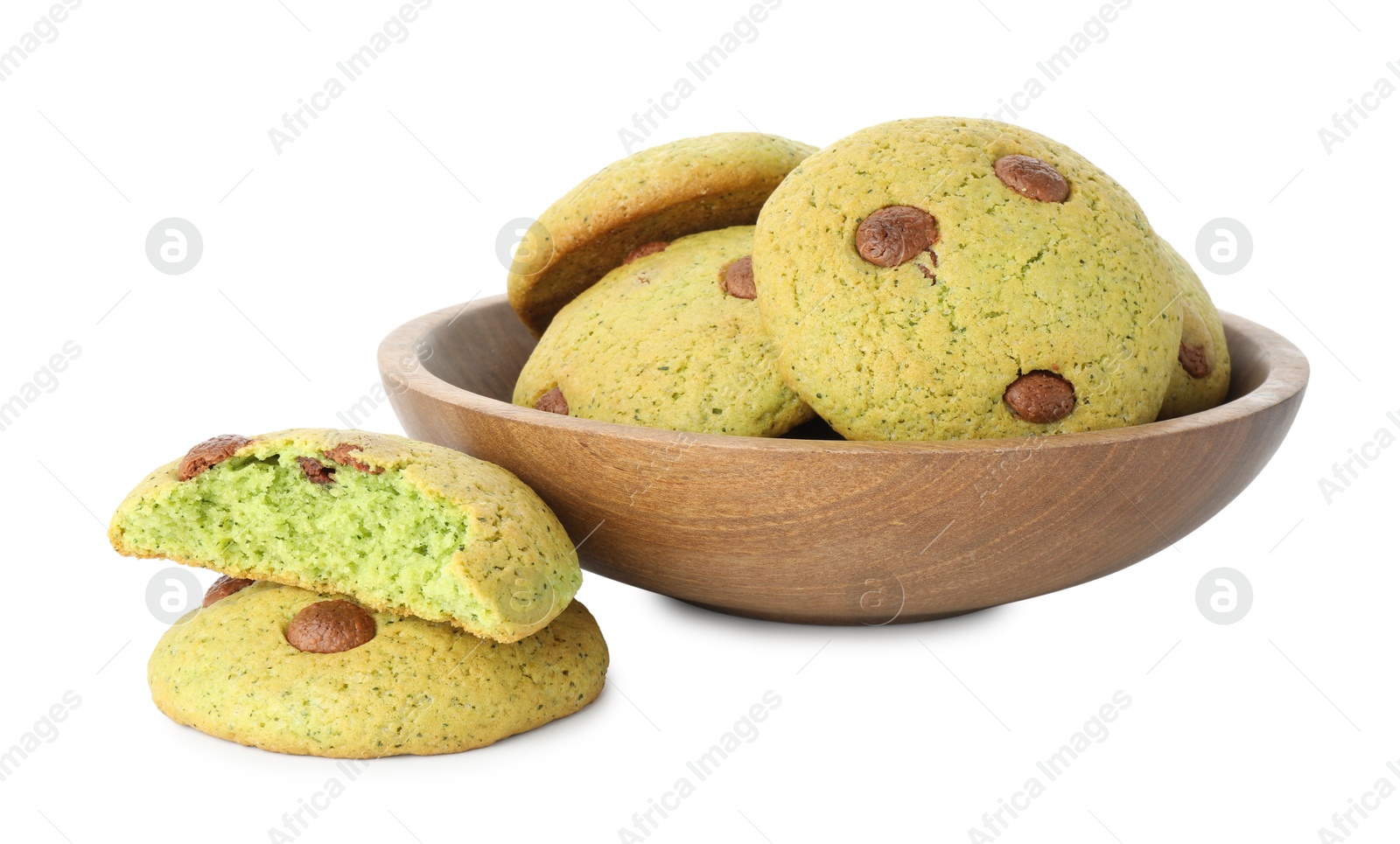 Photo of Delicious mint chocolate chip cookies isolated on white