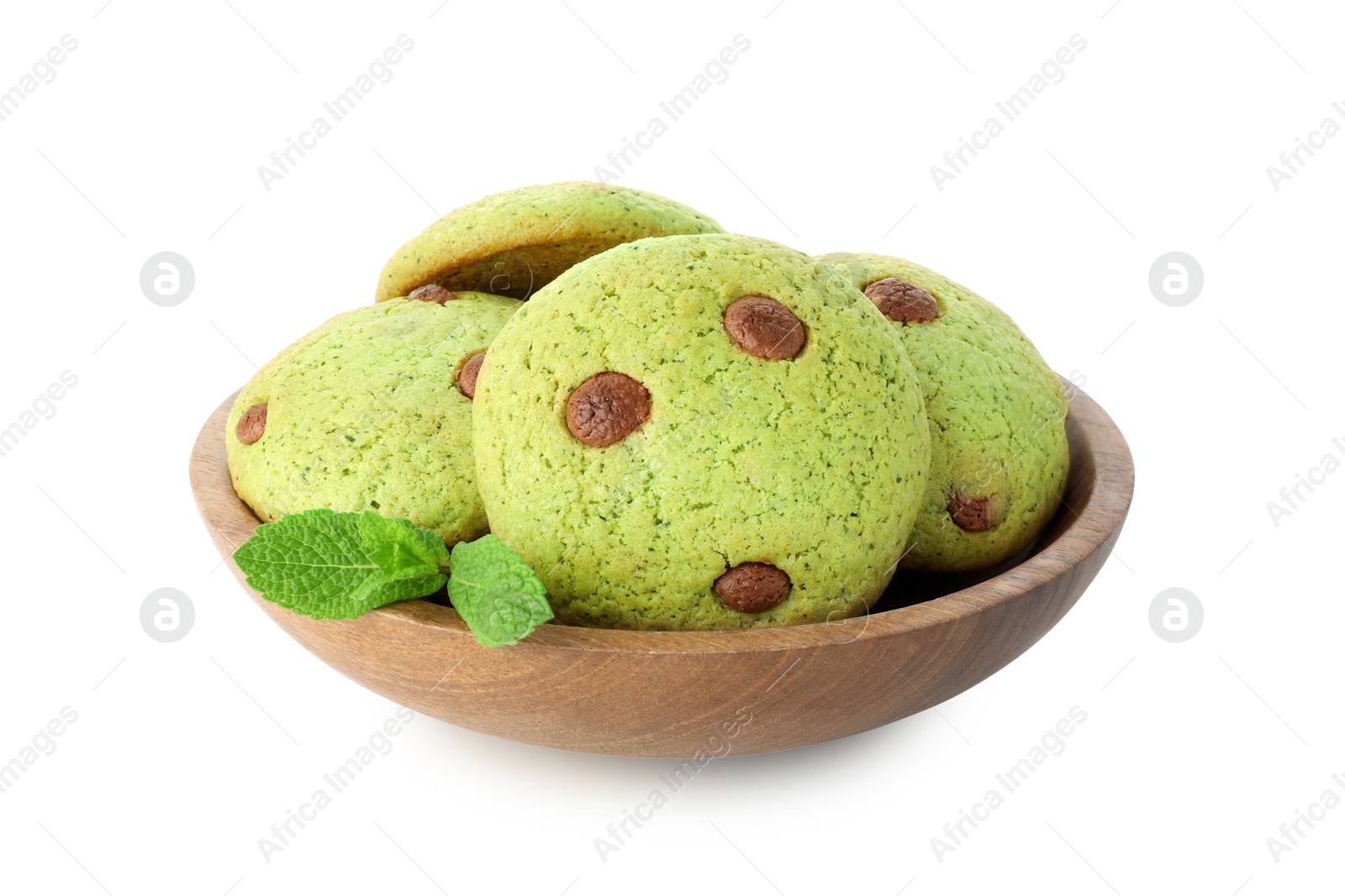 Photo of Delicious mint chocolate chip cookies in bowl isolated on white