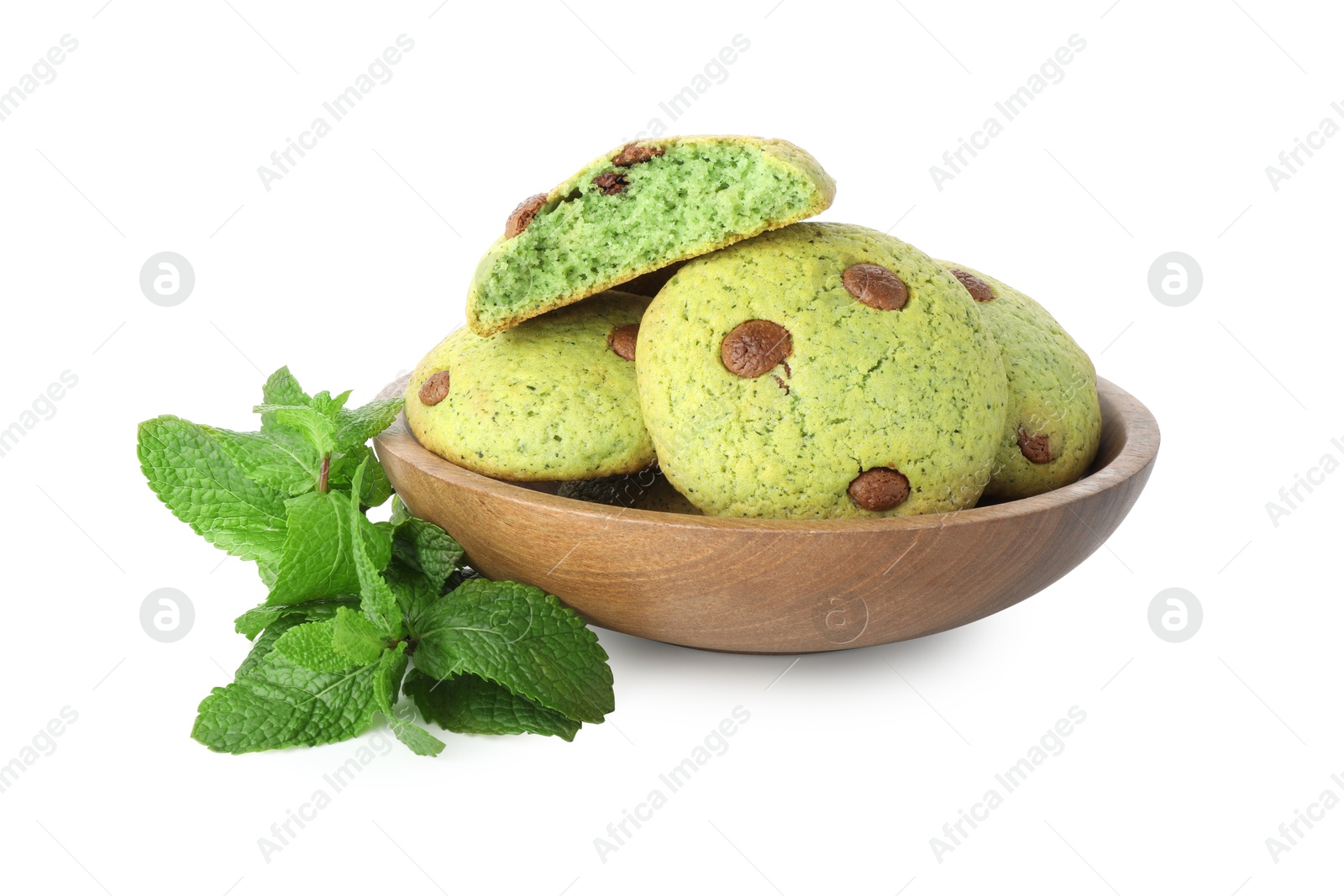 Photo of Delicious mint chocolate chip cookies isolated on white