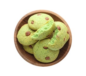 Photo of Delicious mint chocolate chip cookies in bowl isolated on white, top view