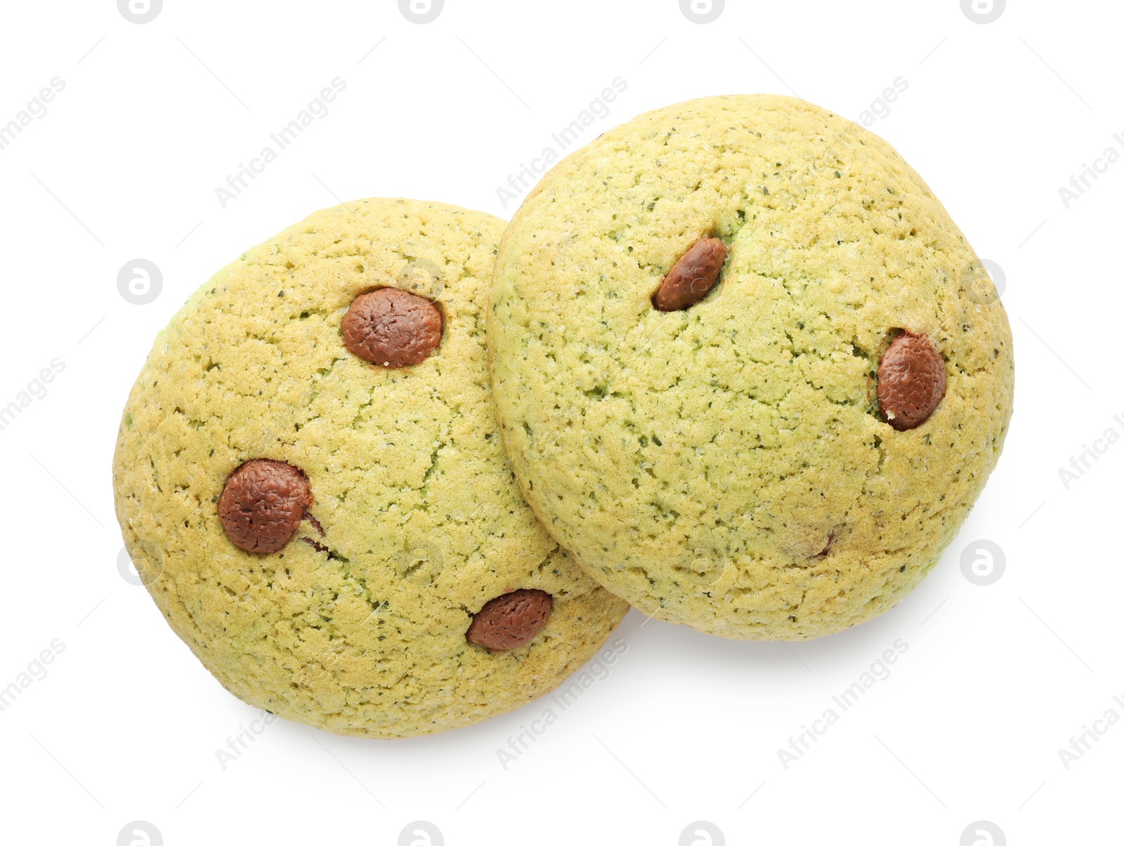 Photo of Delicious mint chocolate chip cookies isolated on white, top view