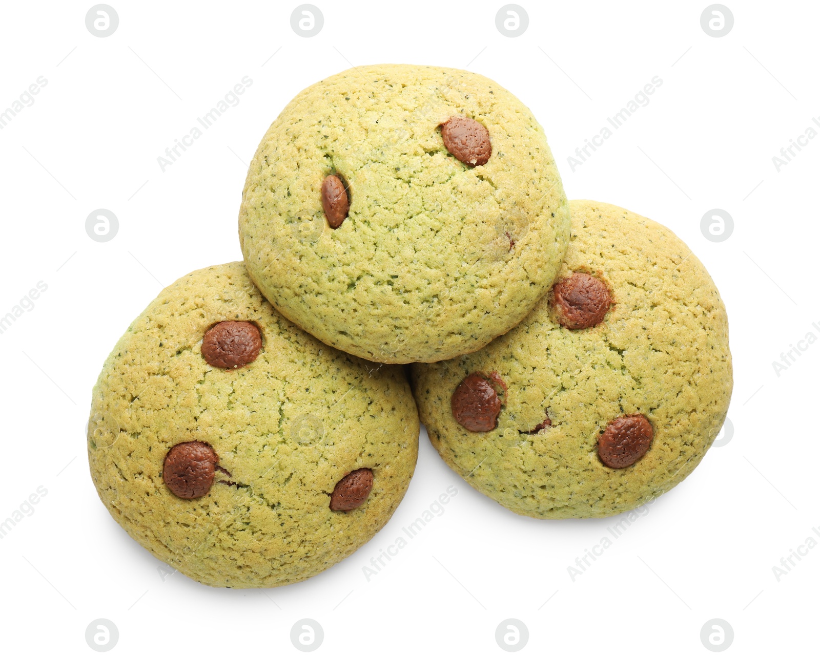 Photo of Delicious mint chocolate chip cookies isolated on white, top view