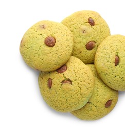 Photo of Delicious mint chocolate chip cookies on white table, flat lay. Space for text