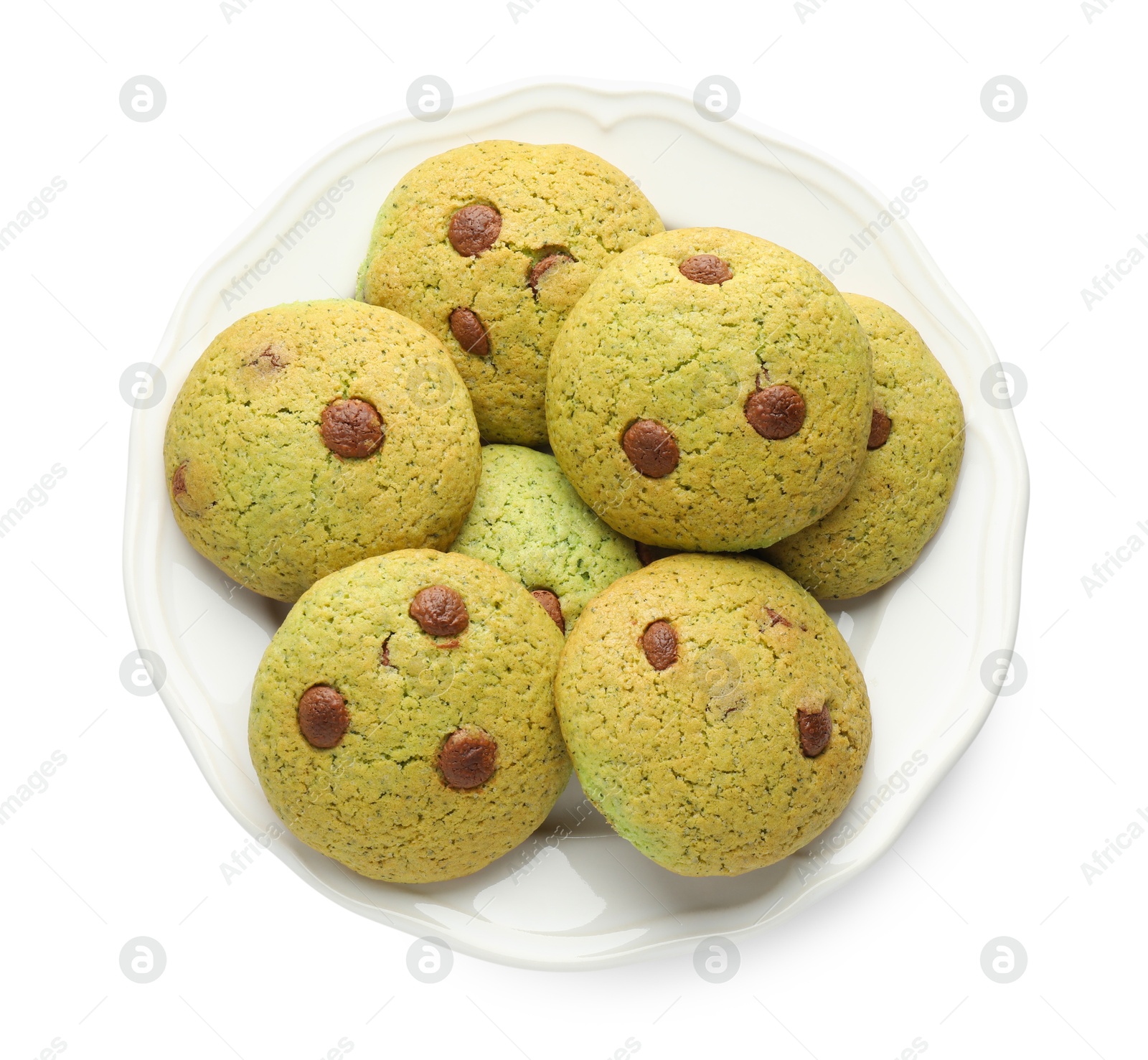 Photo of Delicious mint chocolate chip cookies isolated on white, top view