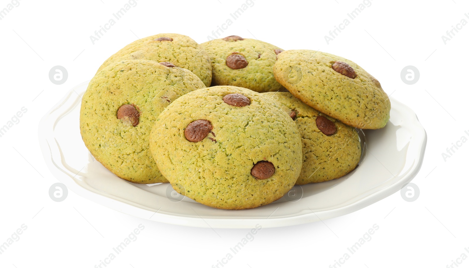 Photo of Delicious mint chocolate chip cookies isolated on white