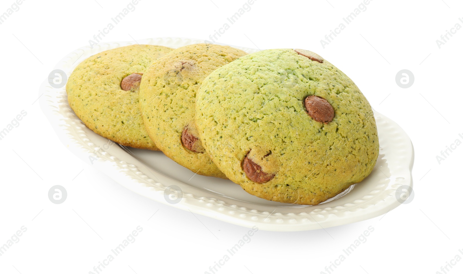 Photo of Delicious mint chocolate chip cookies isolated on white