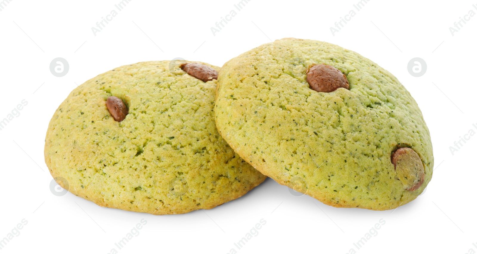 Photo of Delicious mint chocolate chip cookies isolated on white