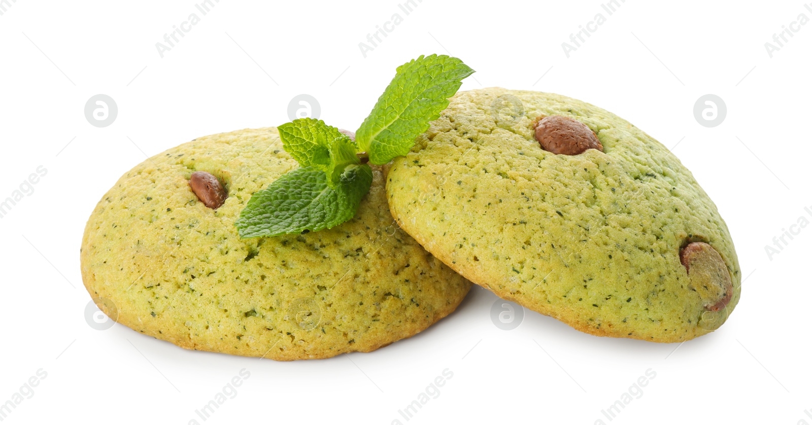 Photo of Delicious mint chocolate chip cookies isolated on white