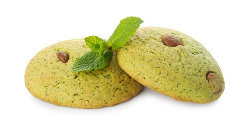 Photo of Delicious mint chocolate chip cookies isolated on white