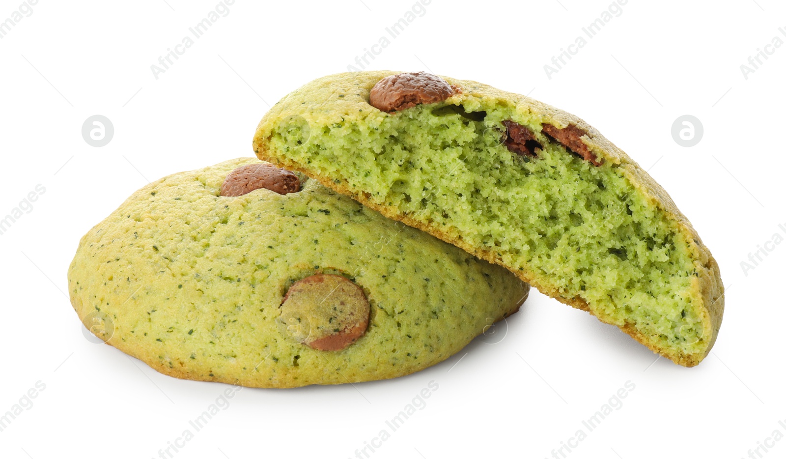 Photo of Delicious mint chocolate chip cookies isolated on white