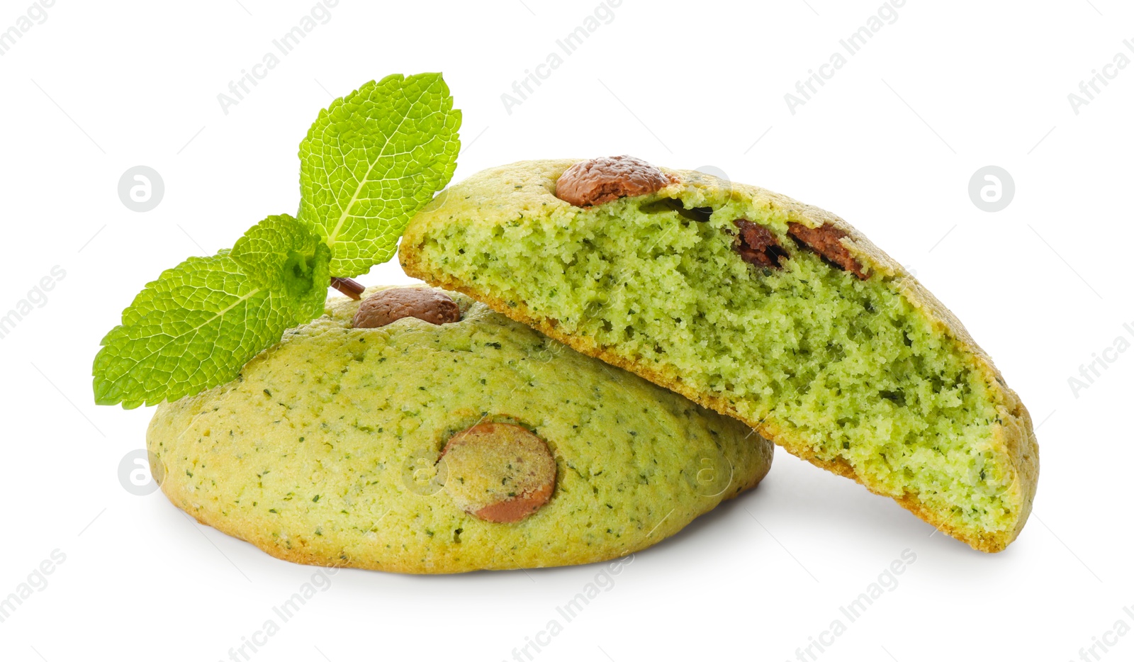 Photo of Delicious mint chocolate chip cookies isolated on white