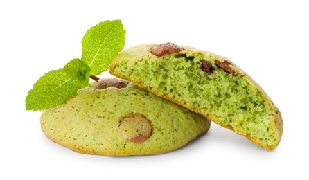 Photo of Delicious mint chocolate chip cookies isolated on white