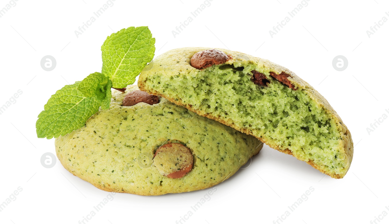 Photo of Delicious mint chocolate chip cookies isolated on white