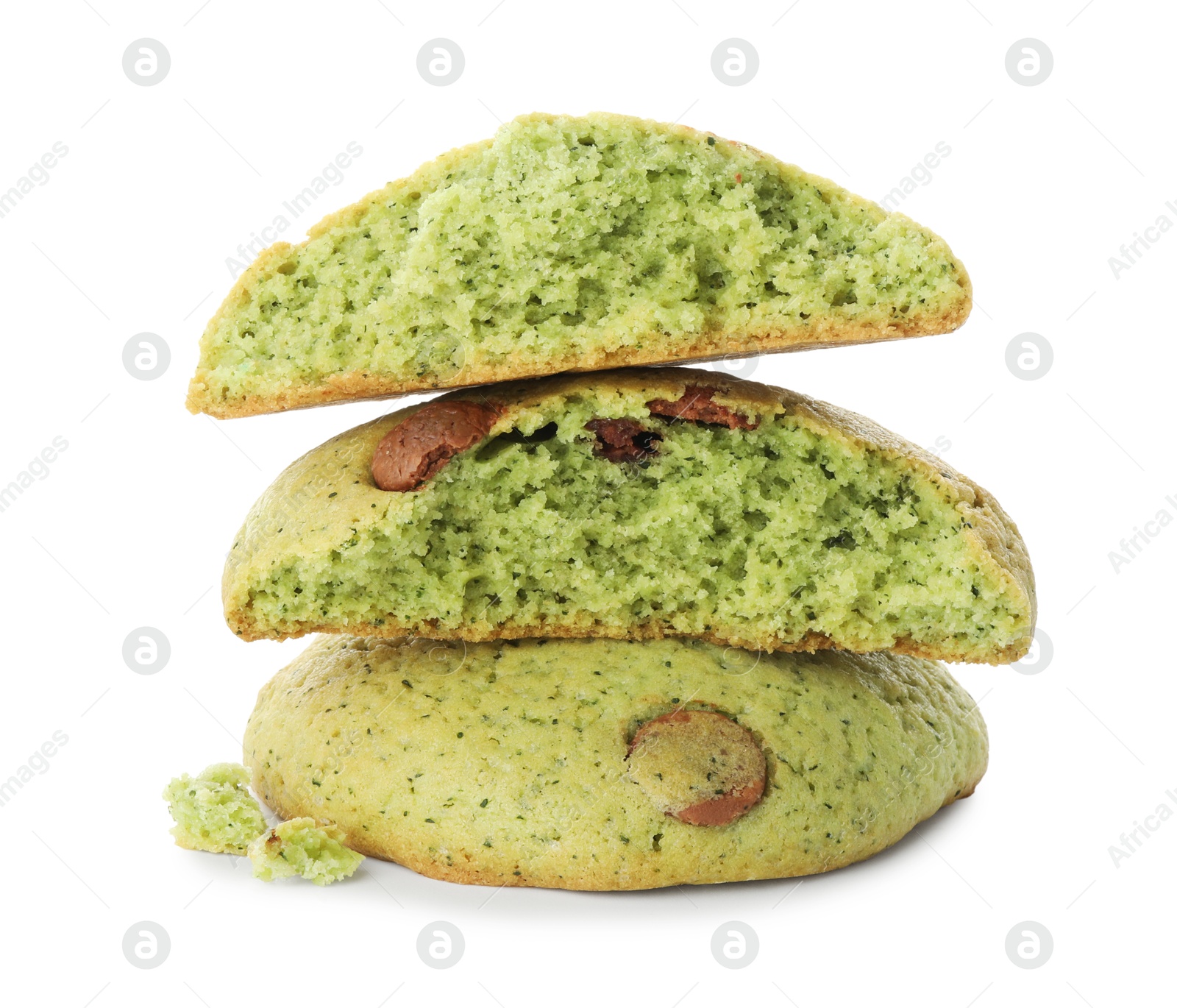 Photo of Delicious mint chocolate chip cookies isolated on white