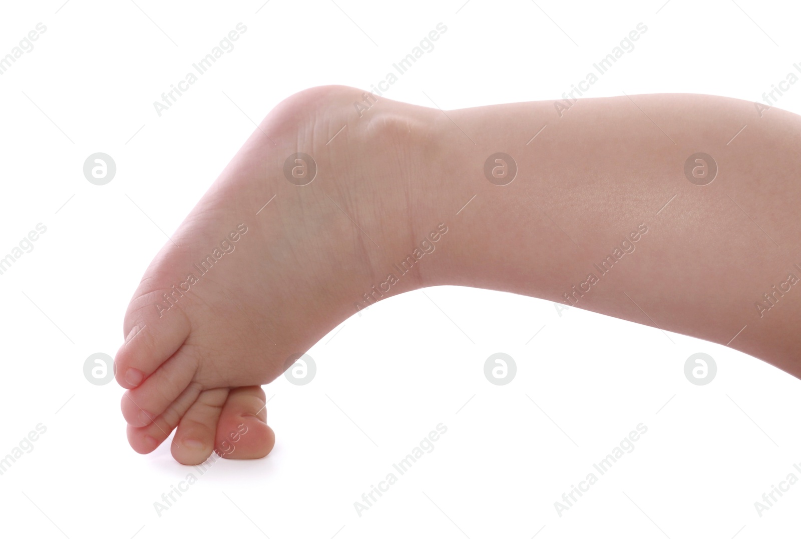 Photo of Little baby on white background, closeup view