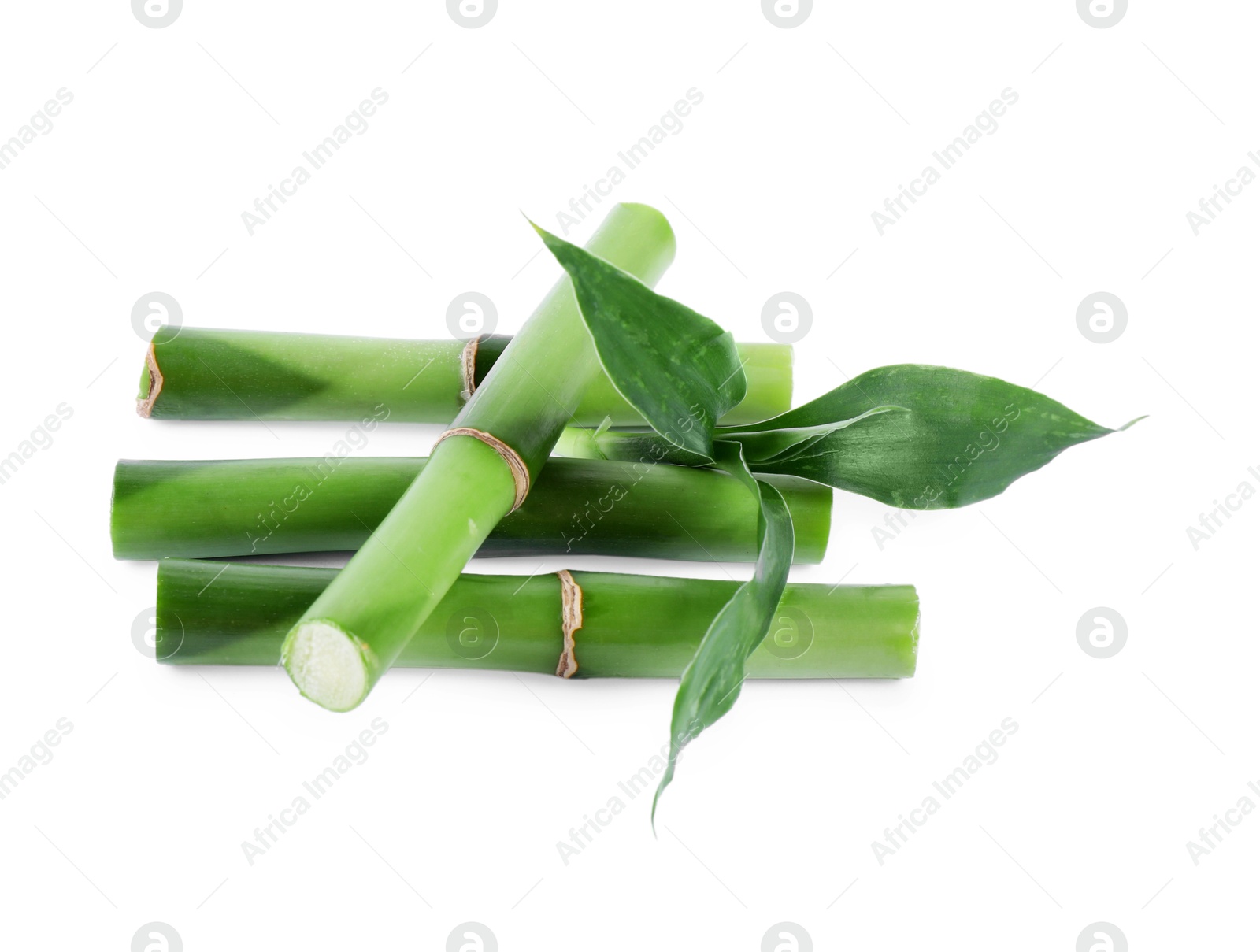 Photo of Pieces of decorative bamboo plant and green leaves isolated on white