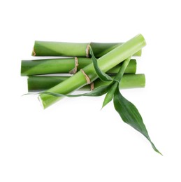 Pieces of decorative bamboo plant and green leaves isolated on white, top view