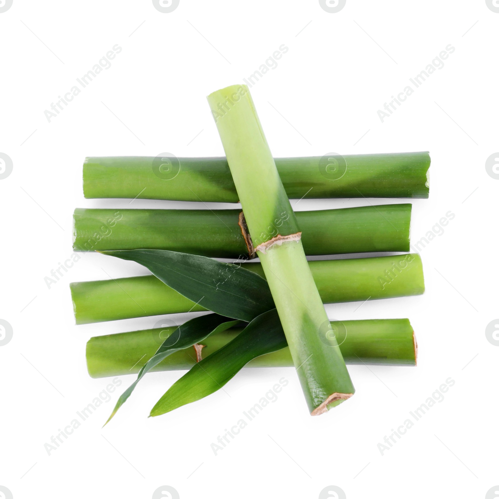 Photo of Pieces of decorative bamboo plant and green leaves isolated on white, top view