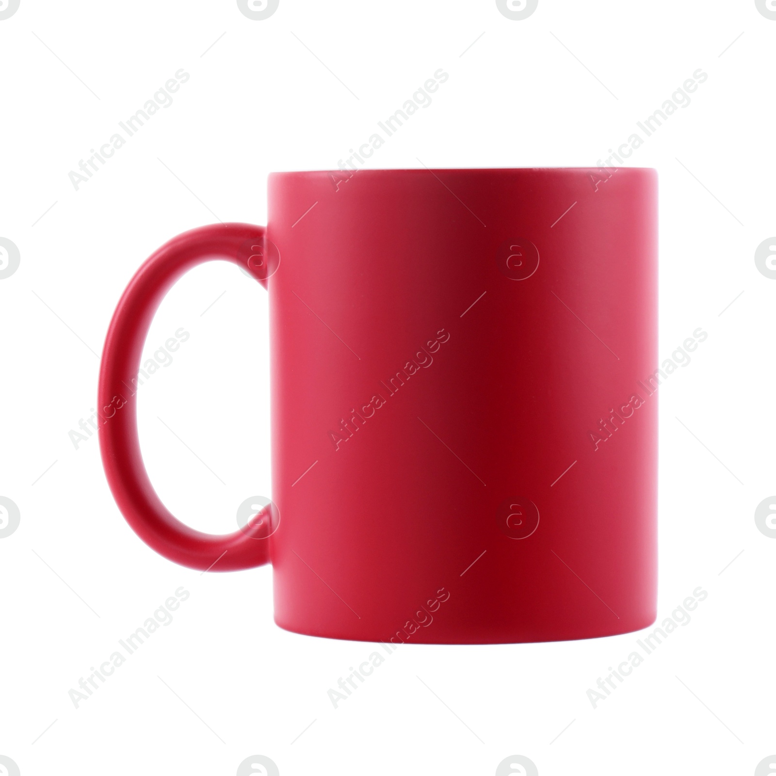 Photo of One blank red ceramic mug isolated on white. Mockup for design