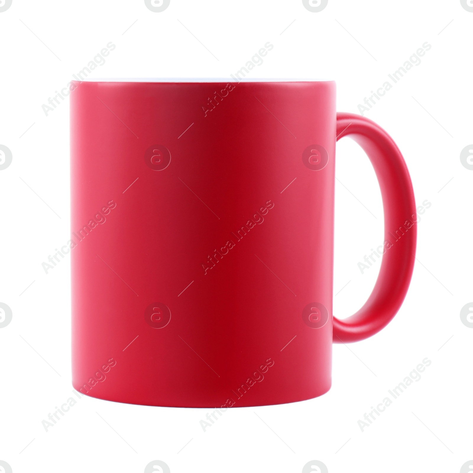 Photo of One blank red ceramic mug isolated on white. Mockup for design