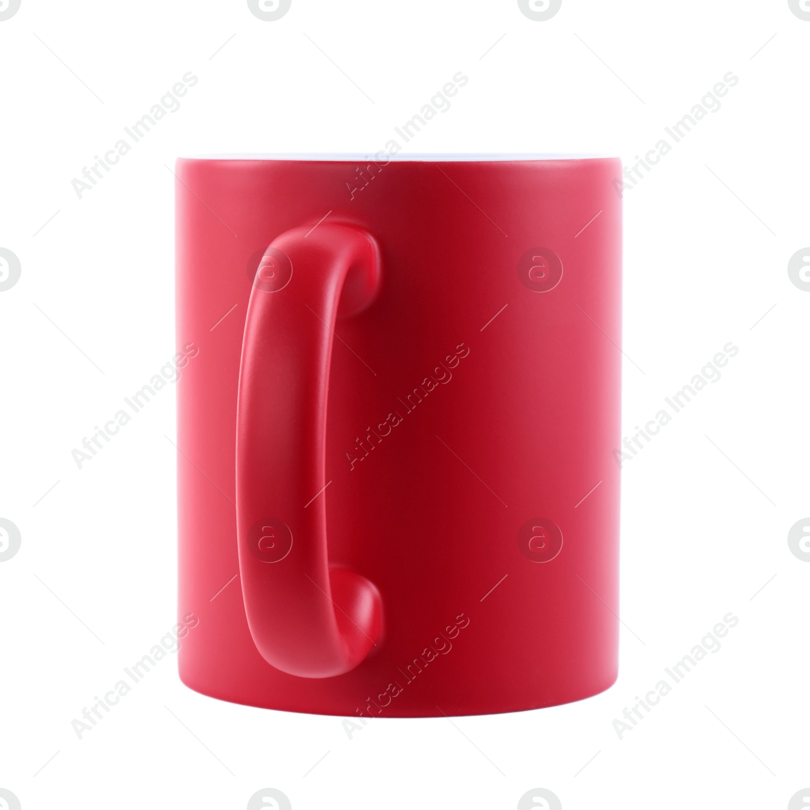 Photo of One blank red ceramic mug isolated on white. Mockup for design