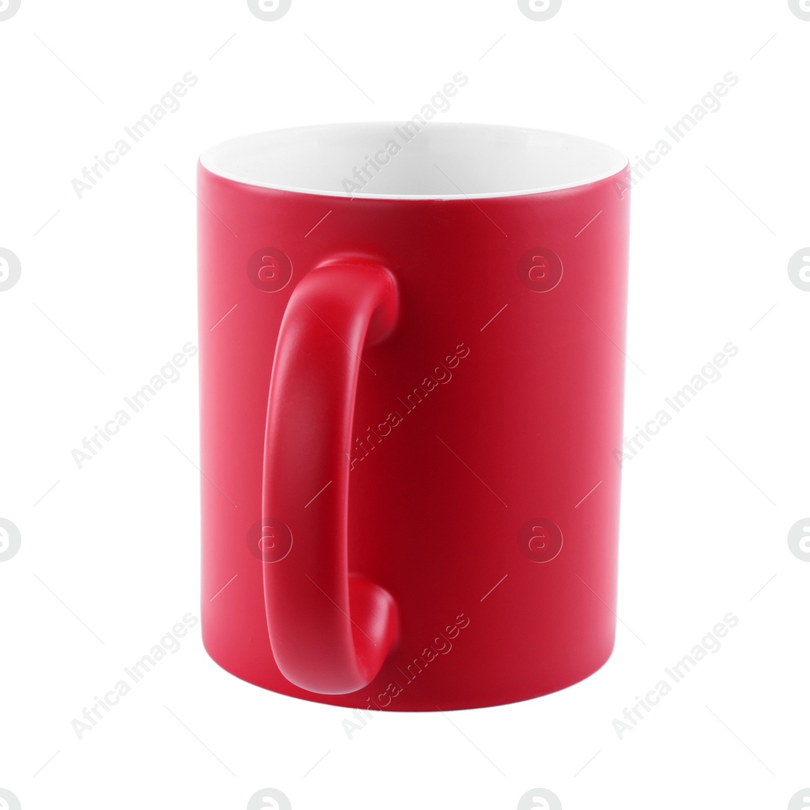 Photo of One blank red ceramic mug isolated on white. Mockup for design