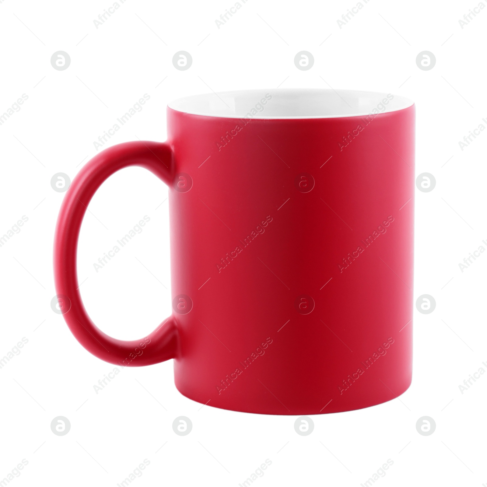 Photo of One blank red ceramic mug isolated on white. Mockup for design