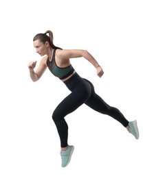 Photo of Beautiful woman in sportswear running on white background