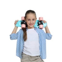 Photo of Little girl with penny board on white background