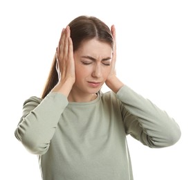 Photo of Woman covering her ears on white background