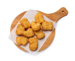 Photo of Delicious chicken nuggets isolated on white, top view