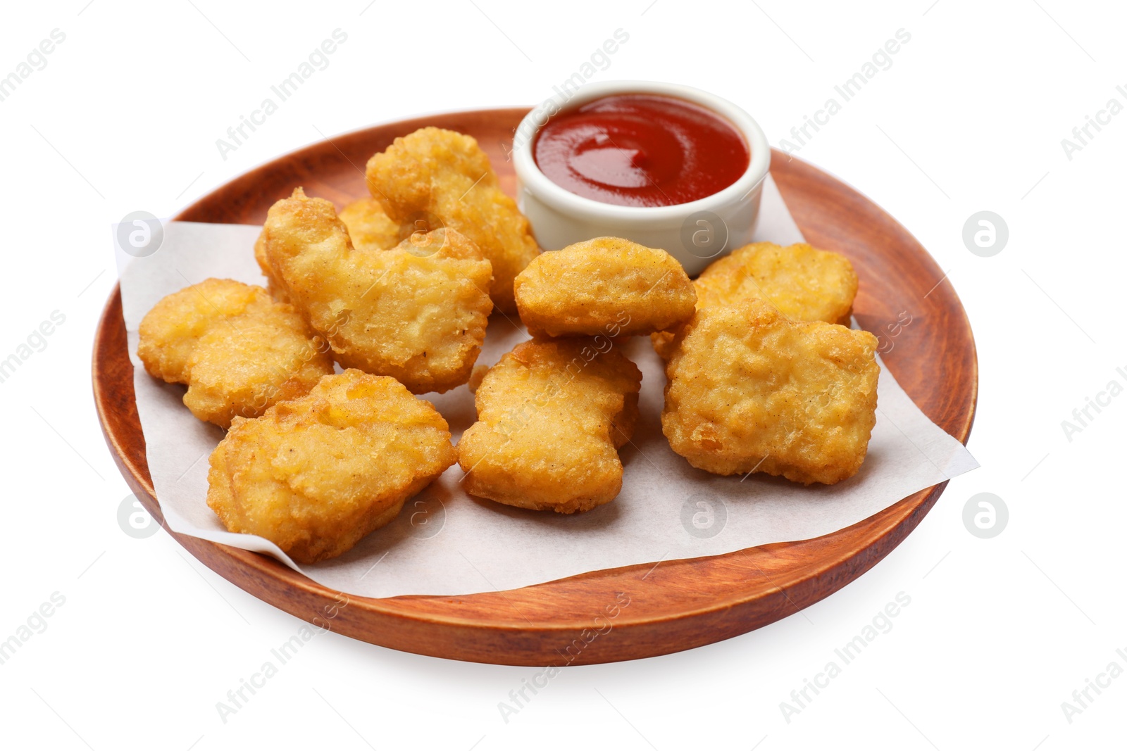 Photo of Delicious chicken nuggets and ketchup isolated on white