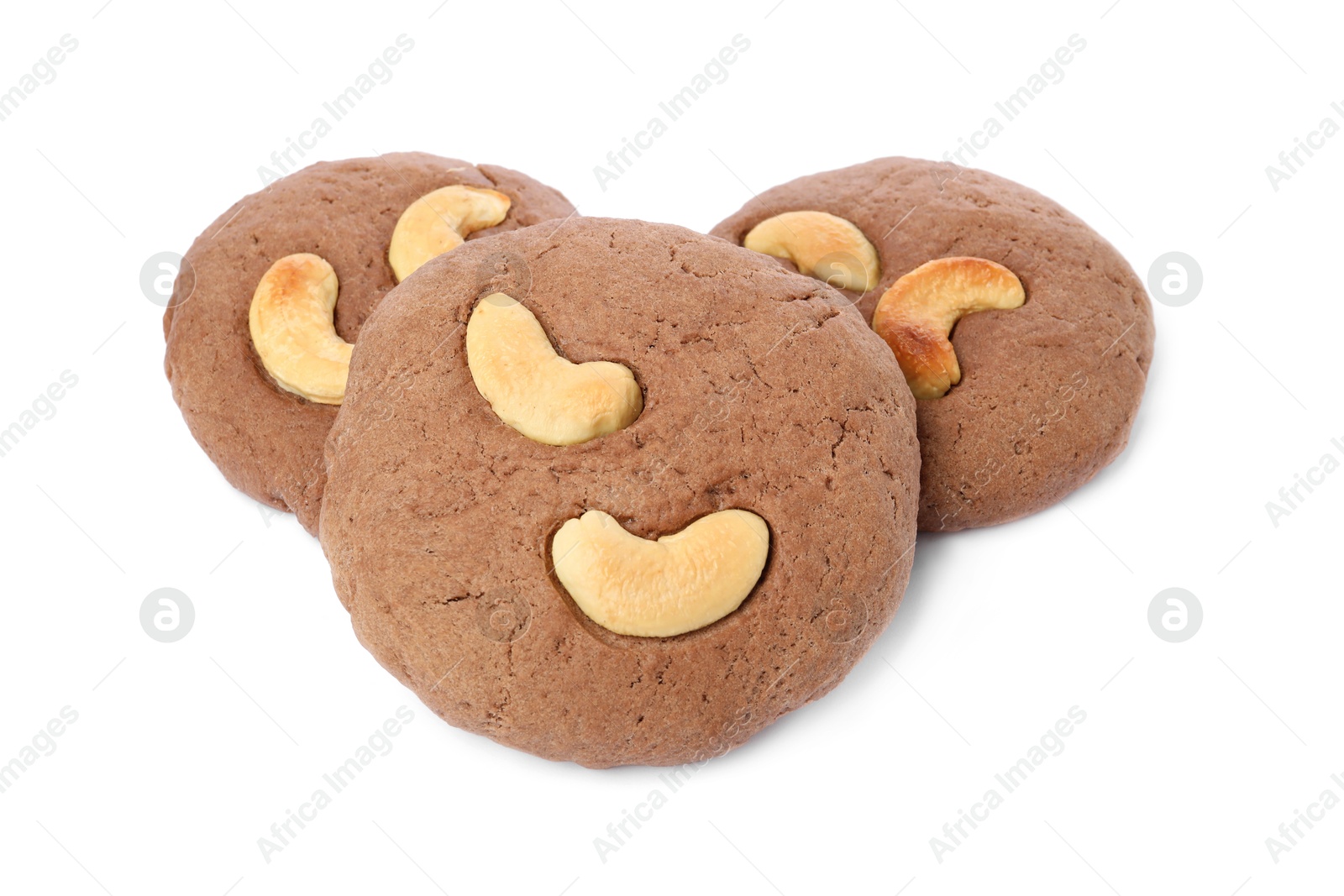 Photo of Tasty chocolate cookies with cashew isolated on white