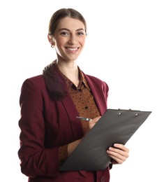 Photo of Portrait of banker with clipboard on white background