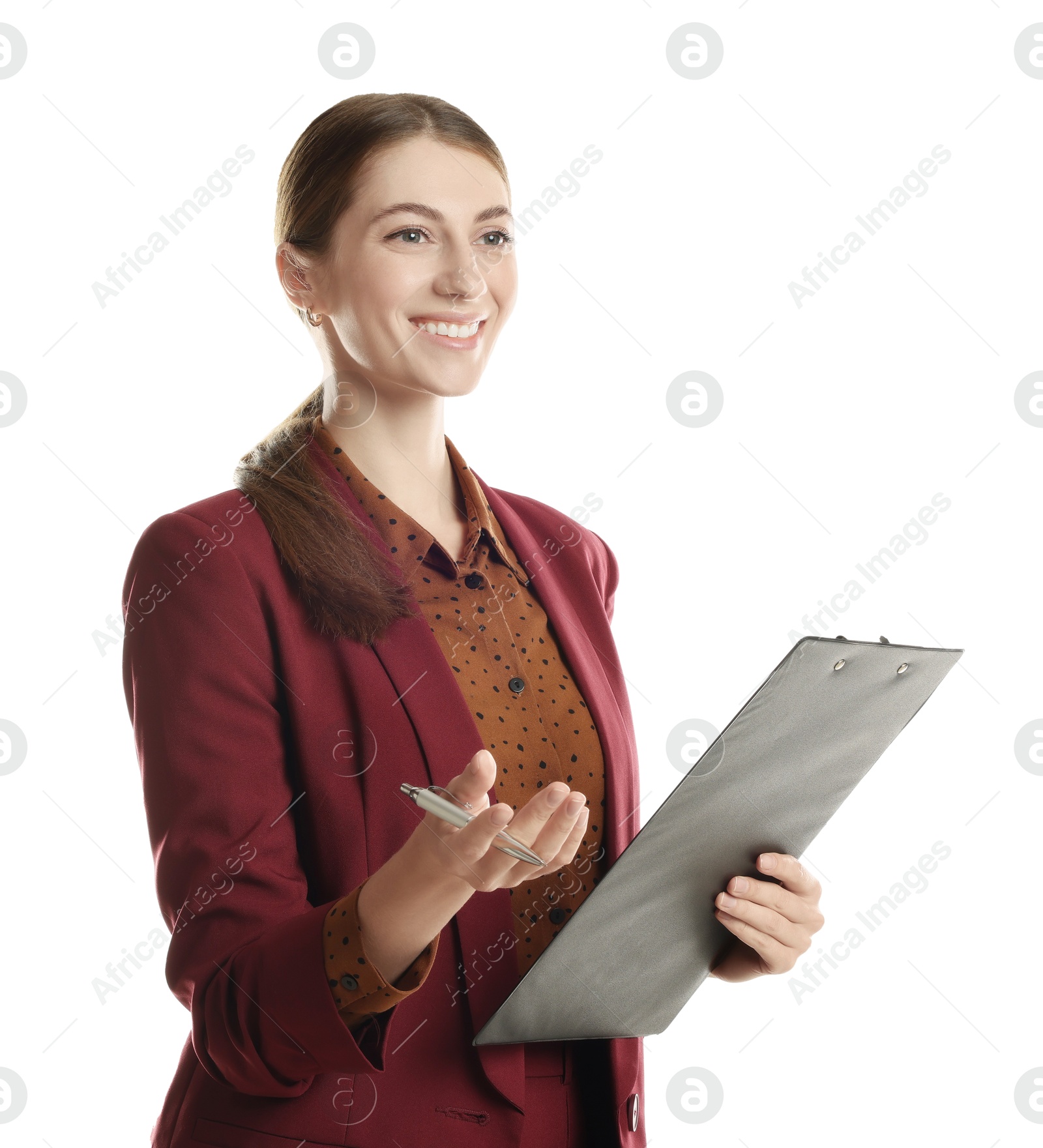 Photo of Portrait of banker with clipboard on white background