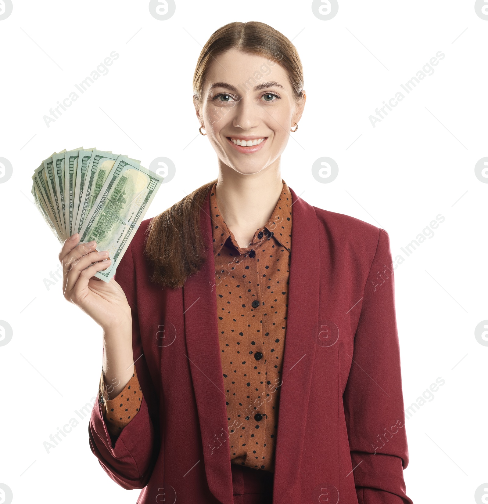 Photo of Portrait of banker with dollar banknotes on white background