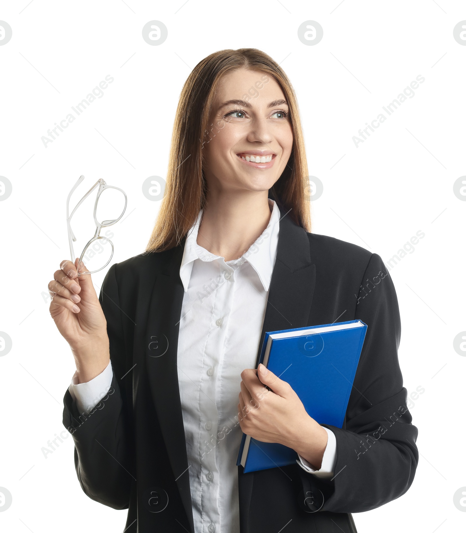 Photo of Portrait of banker with notebook and glasses on white background