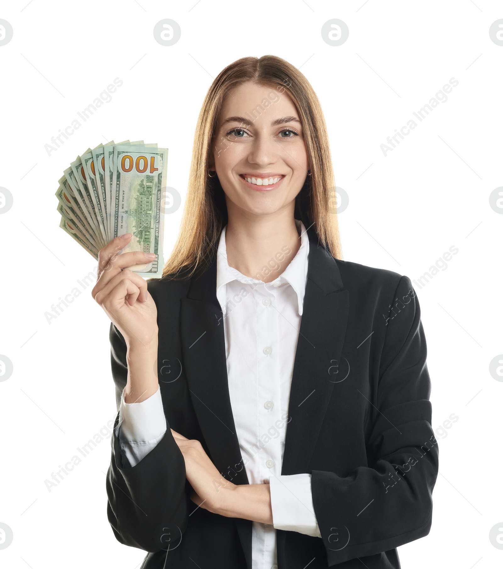 Photo of Portrait of banker with dollar banknotes on white background