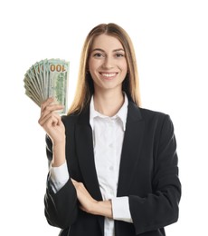 Photo of Portrait of banker with dollar banknotes on white background