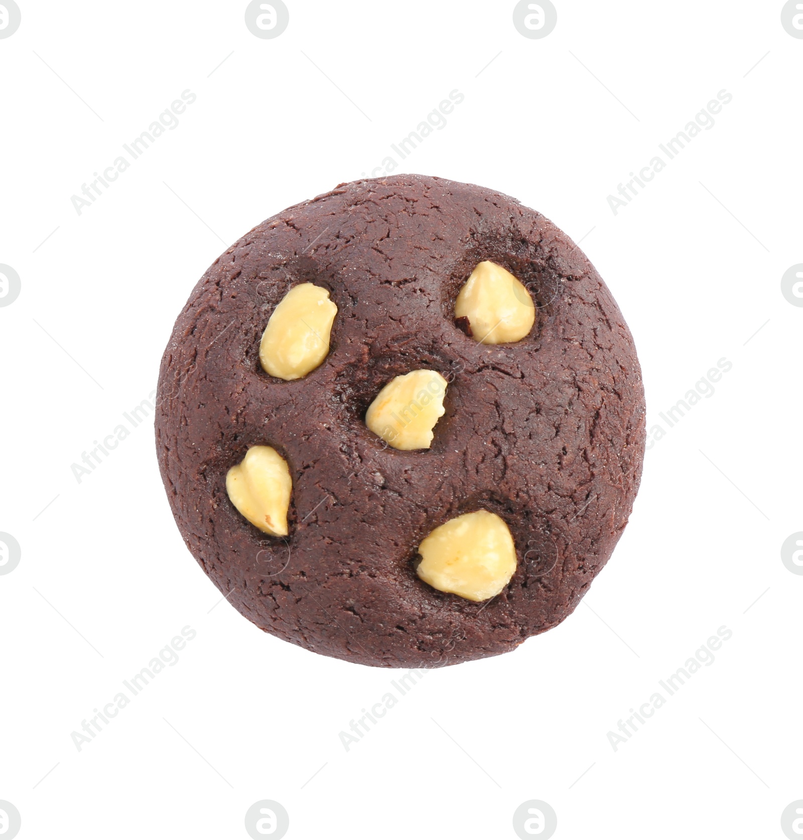 Photo of One tasty chocolate cookie with hazelnuts isolated on white, top view