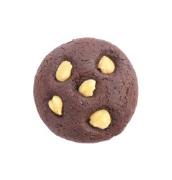 Photo of One tasty chocolate cookie with hazelnuts isolated on white, top view