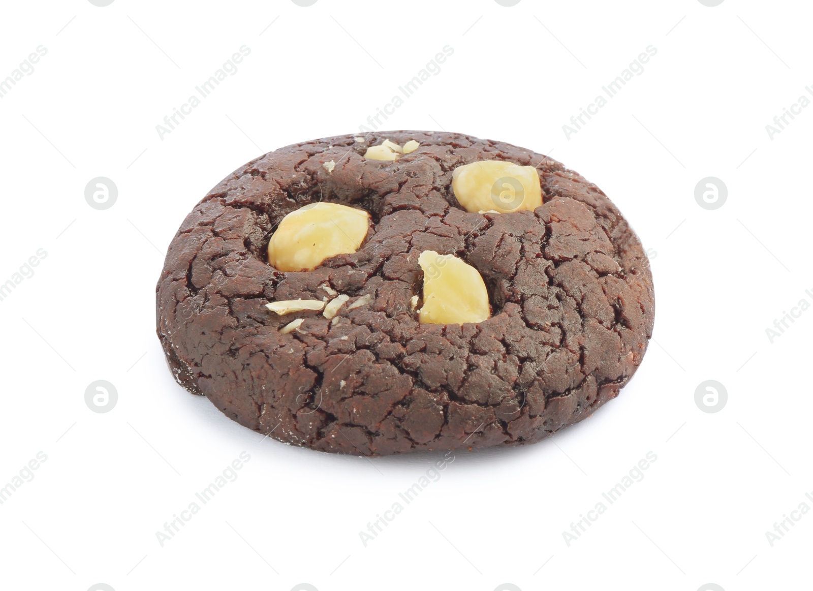 Photo of One tasty chocolate cookie with hazelnuts isolated on white