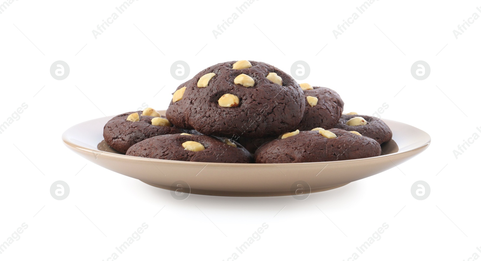 Photo of Tasty chocolate cookies with hazelnuts isolated on white