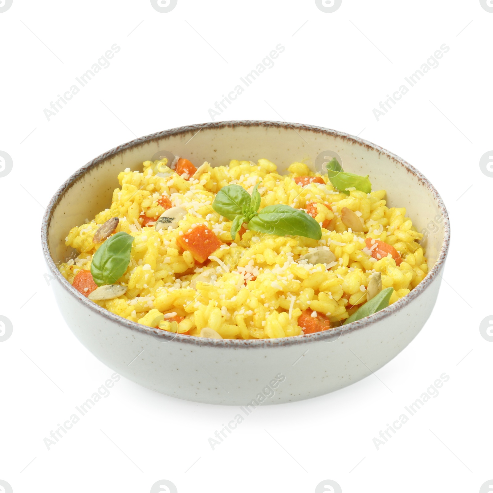 Photo of Delicious pumpkin risotto in bowl isolated on white