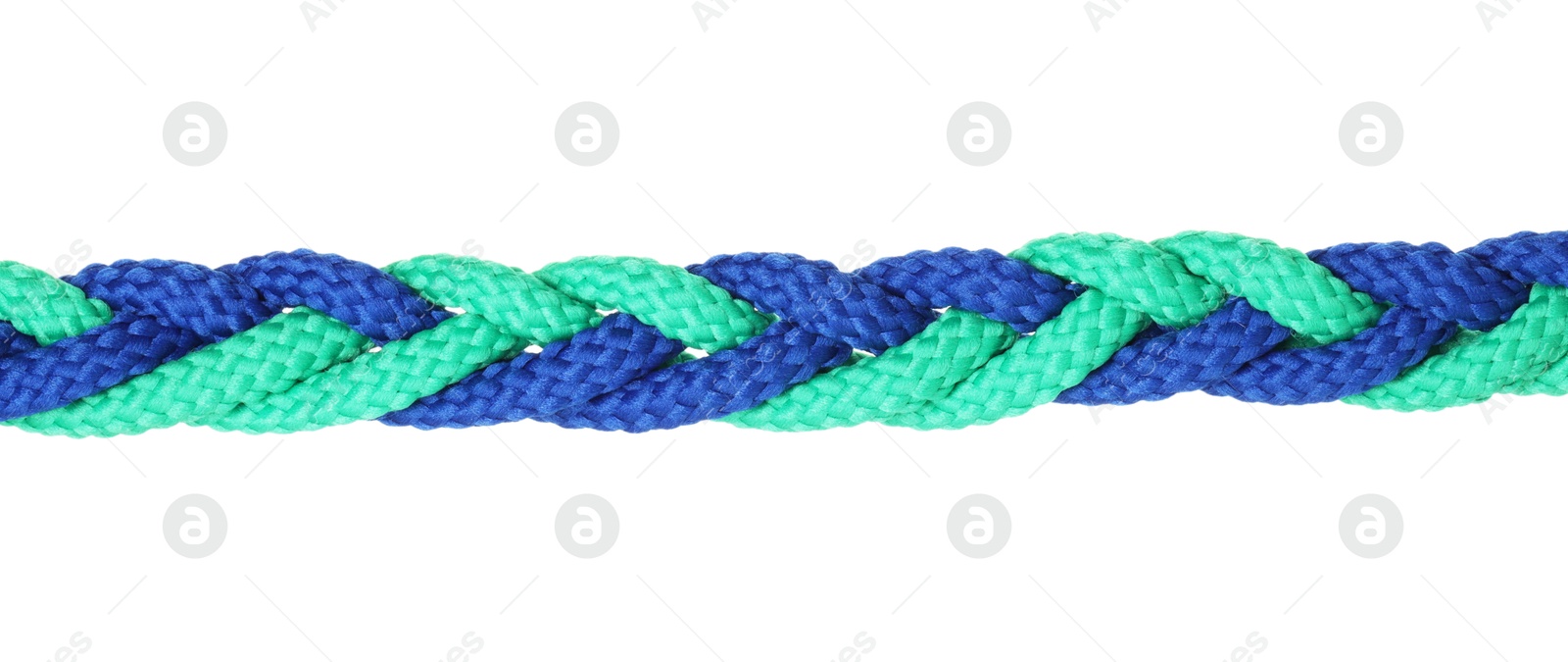 Photo of Colorful ropes tied together isolated on white. Unity concept